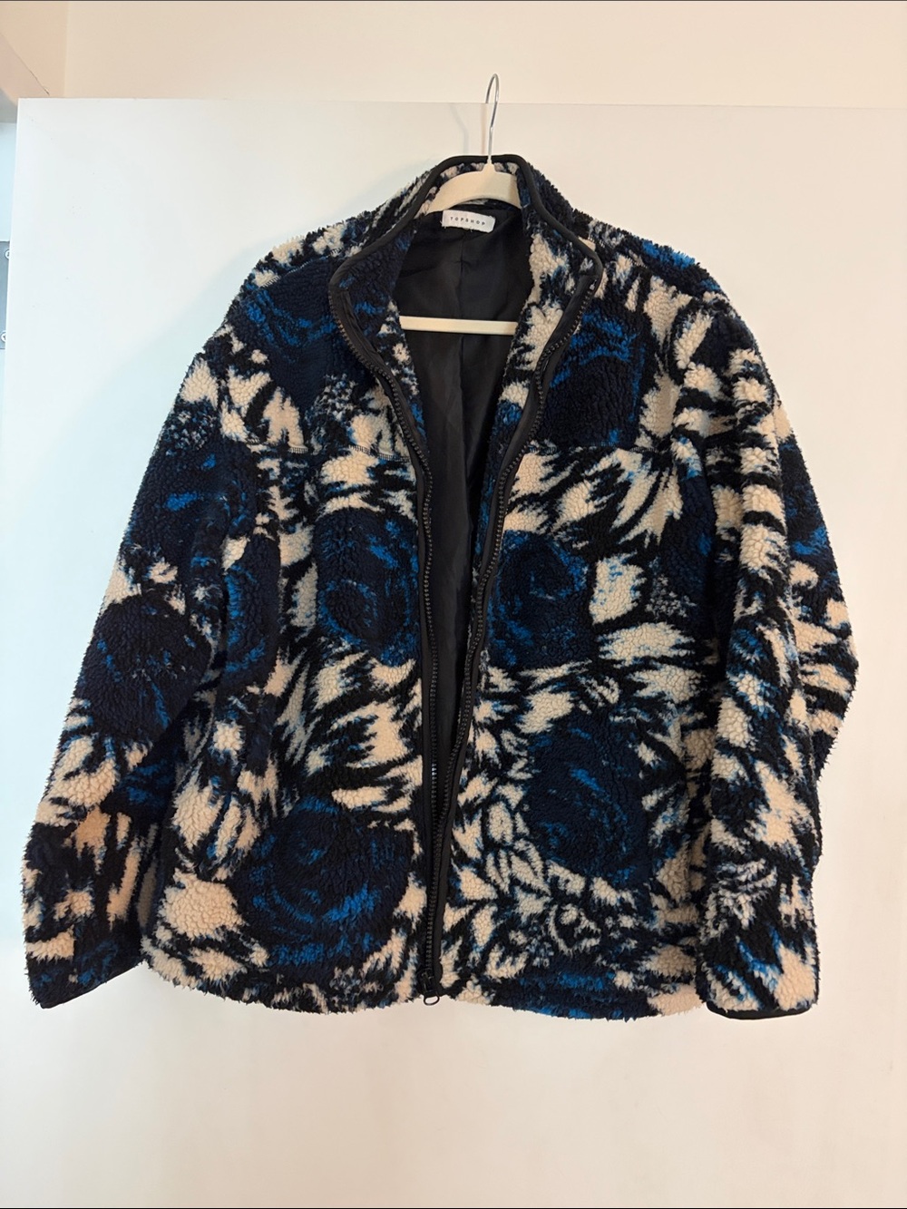 Topshop Blue and Black Floral Sherpa Zip Jacket